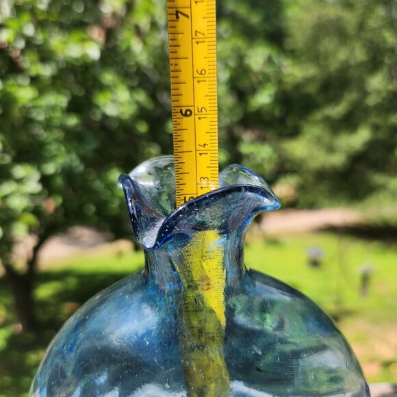 Blue Art Glass Vase Ruffle Top Organic Shape Air Bubbles Swirl Optic Design 6" V - Picture 2 of 8